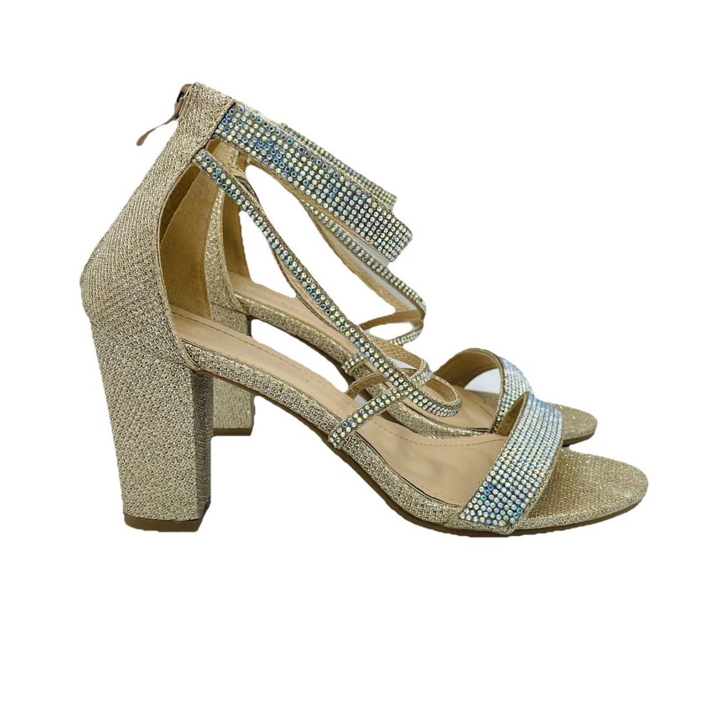 Lov Shoes Womens Size 7.5 Beige Sparkly Rhinestones Heels Ankle Strappy Open Toe